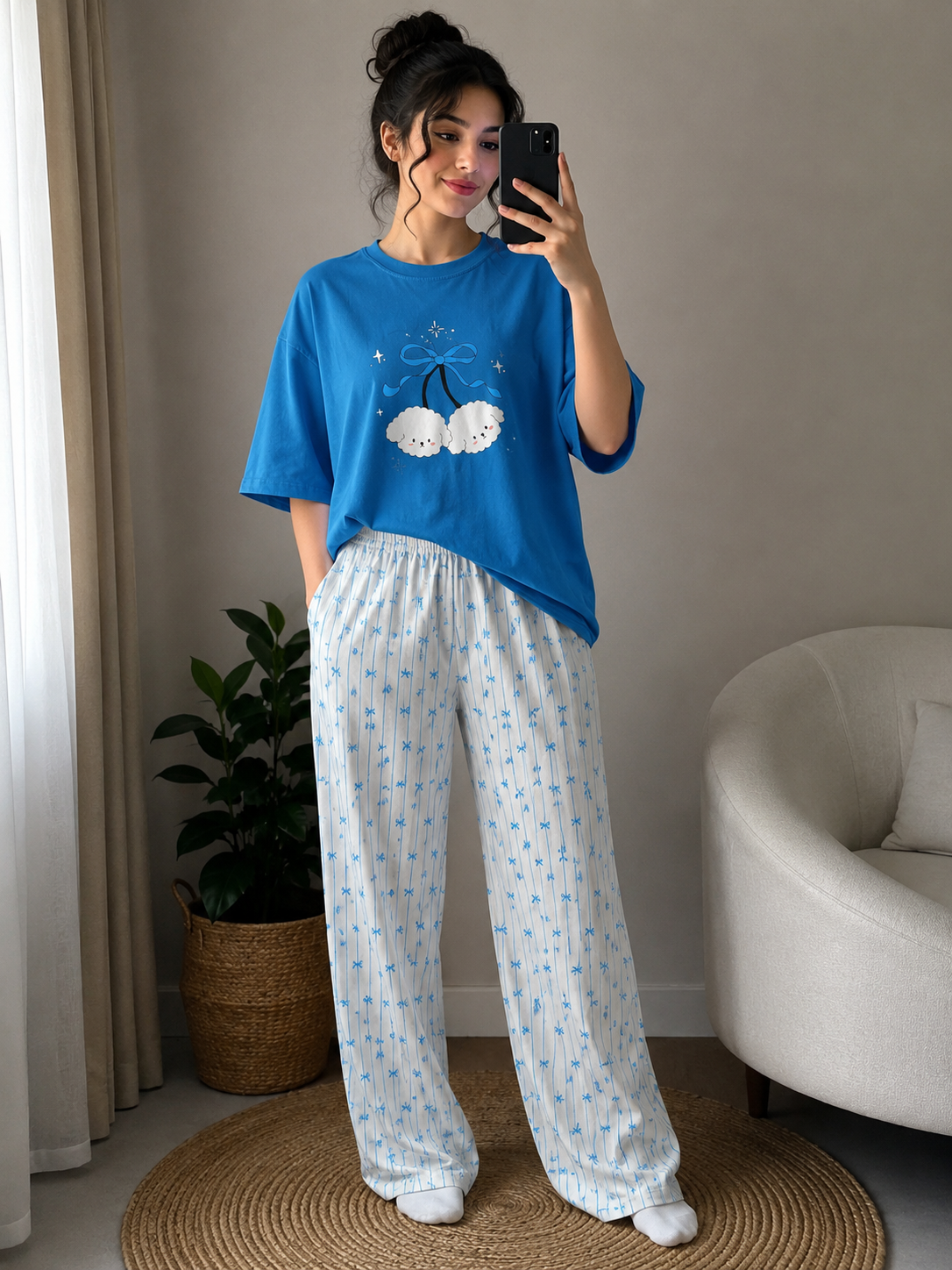ست دو تیکه تیشرت باکسی و شلوار بگ بوگاتی🧸💙part3